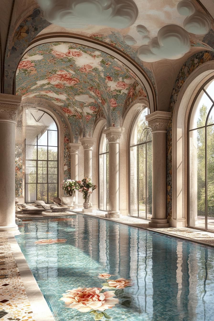 dreamscape luxury spa with large arched windows columns with floral mosaics pool with floral mosaics mosaic floors ceilings with cloud art