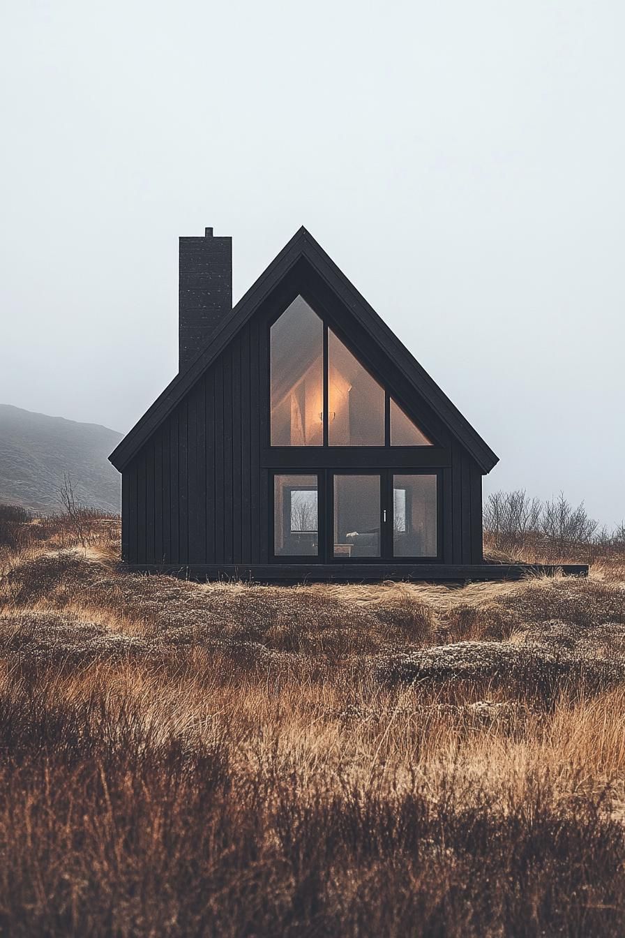 A-frame cabin with large windows in a foggy field