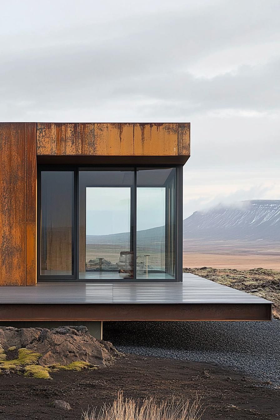 Modern metal building with rusted finish and large windows