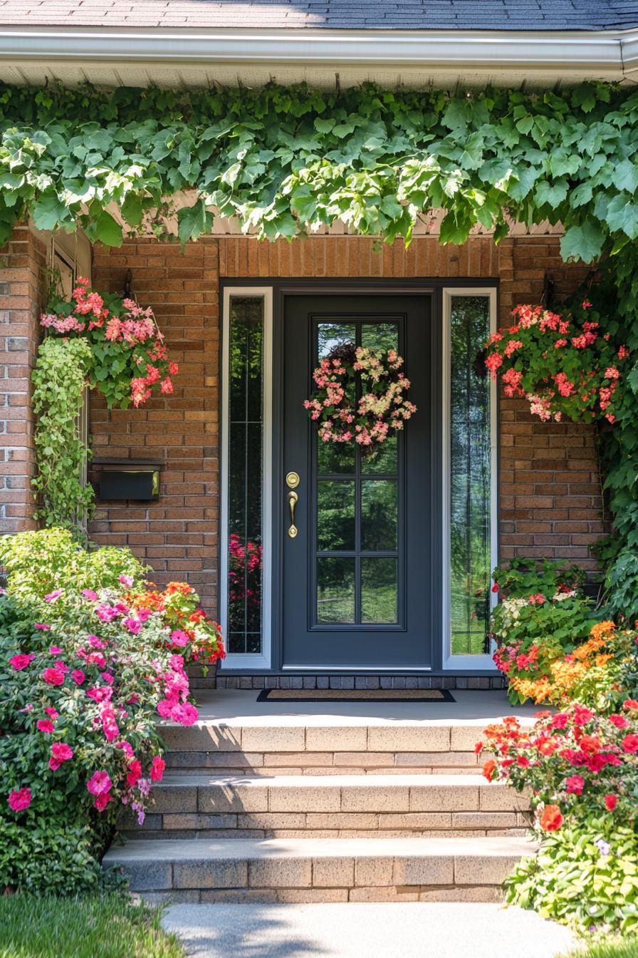 countryside brick cottage front porch with lush flower bushes and flower vines on facade modern door with glass panels 1