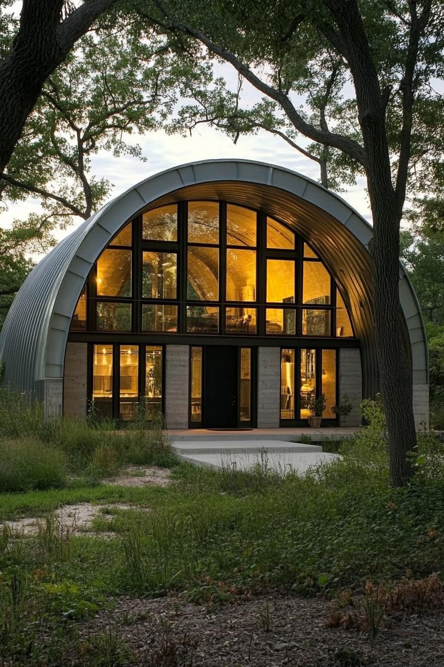 Steel-arched home in a wooded setting