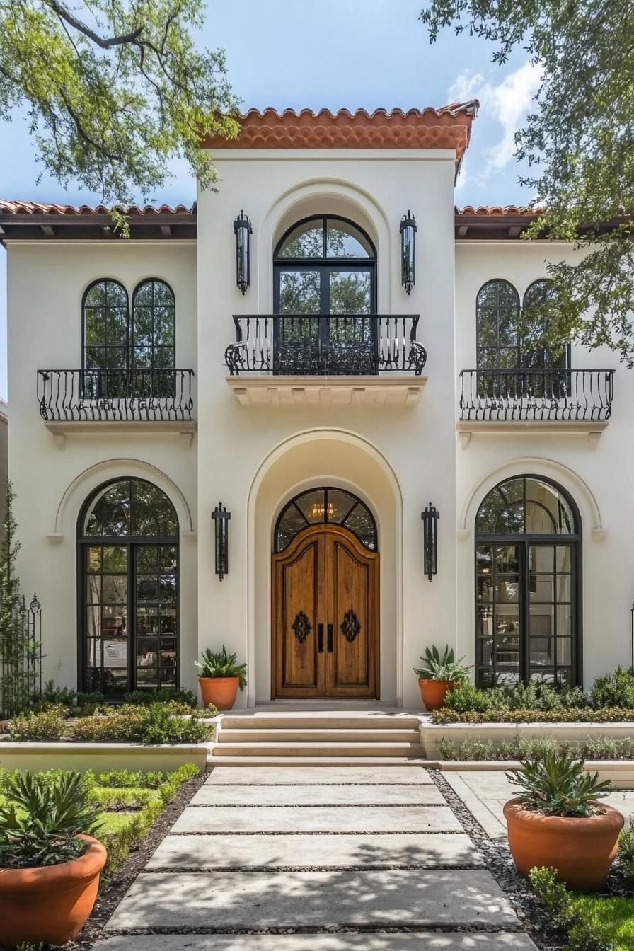 Spanish villa facade with arched doors and windows, surrounded by lush greenery