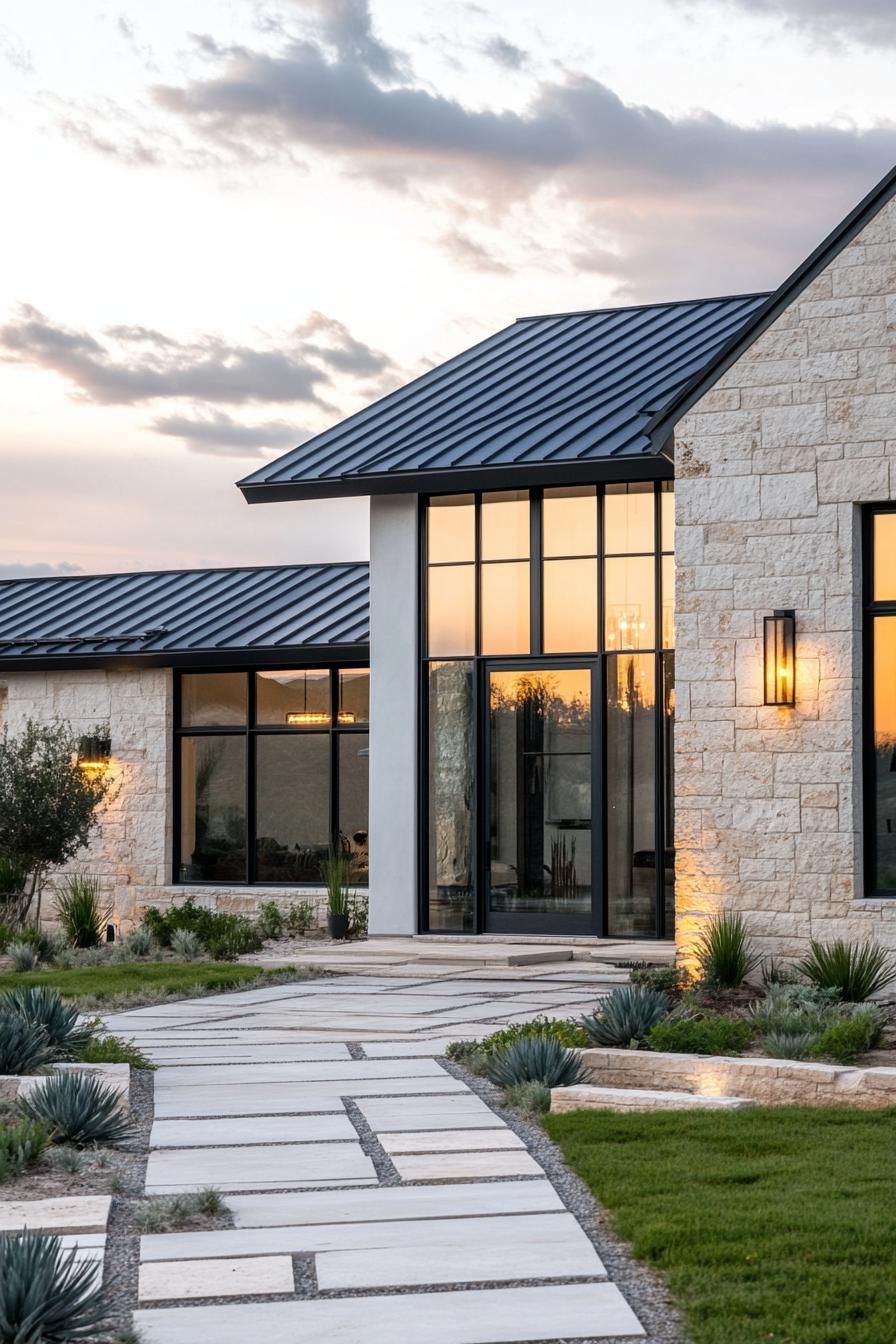 Modern house with stone exterior and large windows at sunset