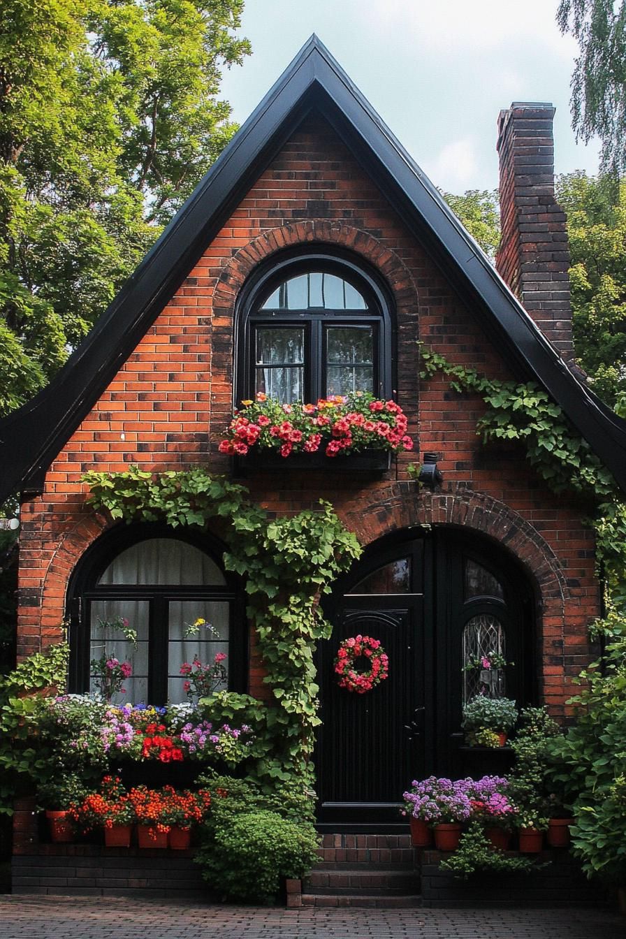 Brick cottage with blooming vines and colorful flowers