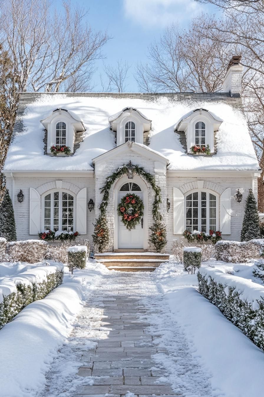 front view of a French style cottage with arched dormers white siding windows with shutters square arch entrance decorated with winter greenery