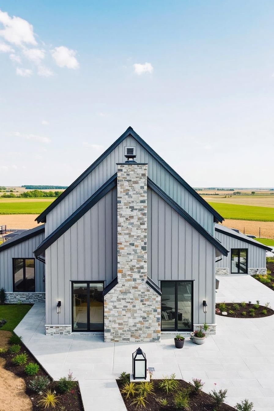 Modern barndominium in a rural landscape