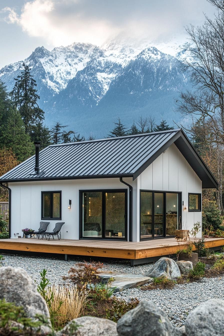 Compact metal home with wooden deck beneath snowy mountain