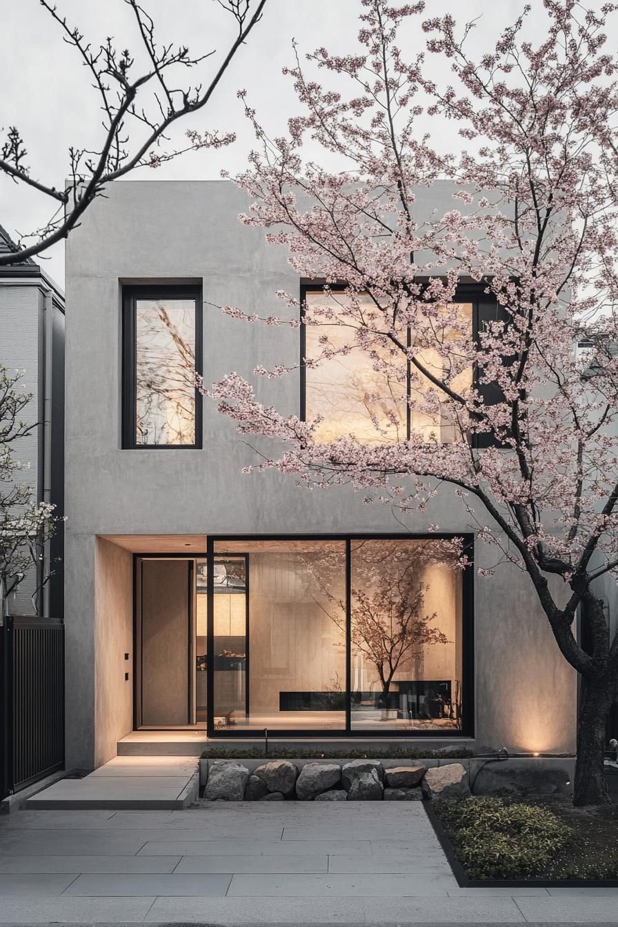 Minimalist house with cherry blossoms