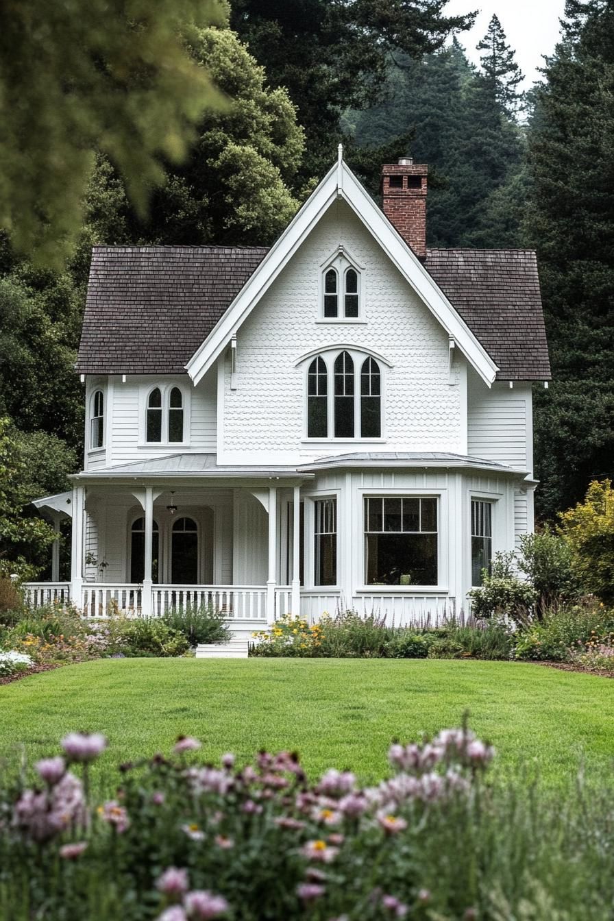 White Gothic-style house with gabled roof and porch