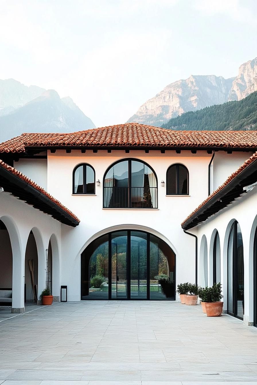 Scenic villa courtyard with arched windows