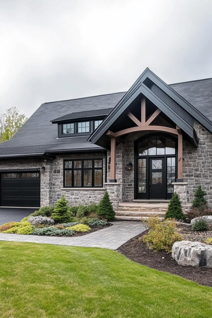 Rustic stone house with black accents and manicured lawn