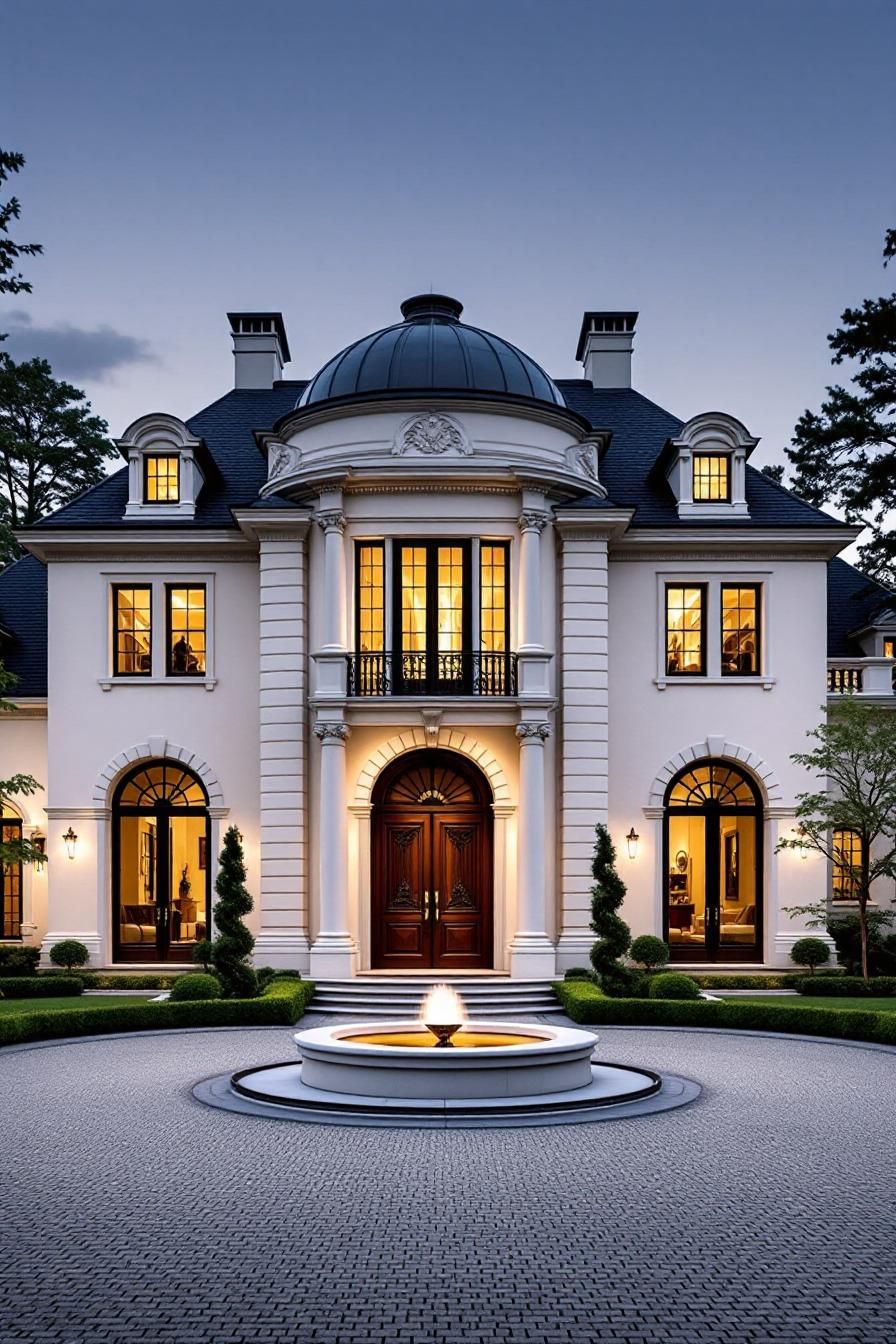 Luxury mansion with fountain at twilight