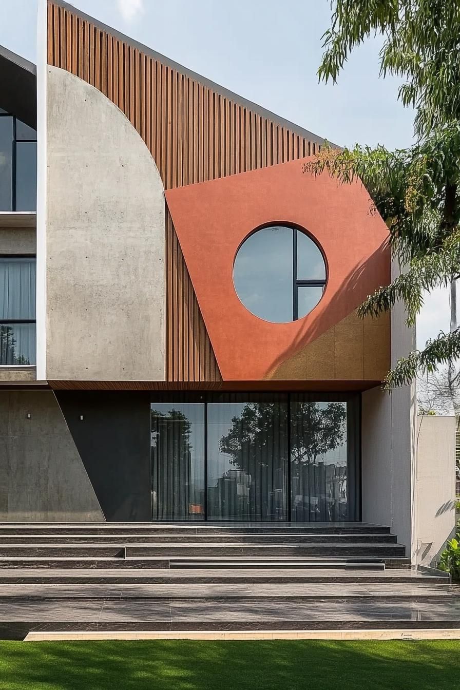 geometric modern house facade architecture with mixed materials triangle and circle shapes 2