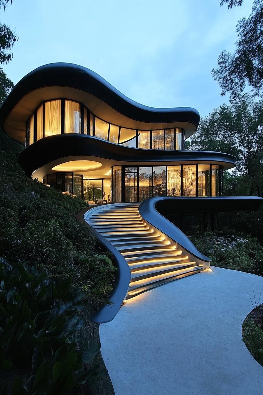 Modern architectural home with curved design and lit staircase