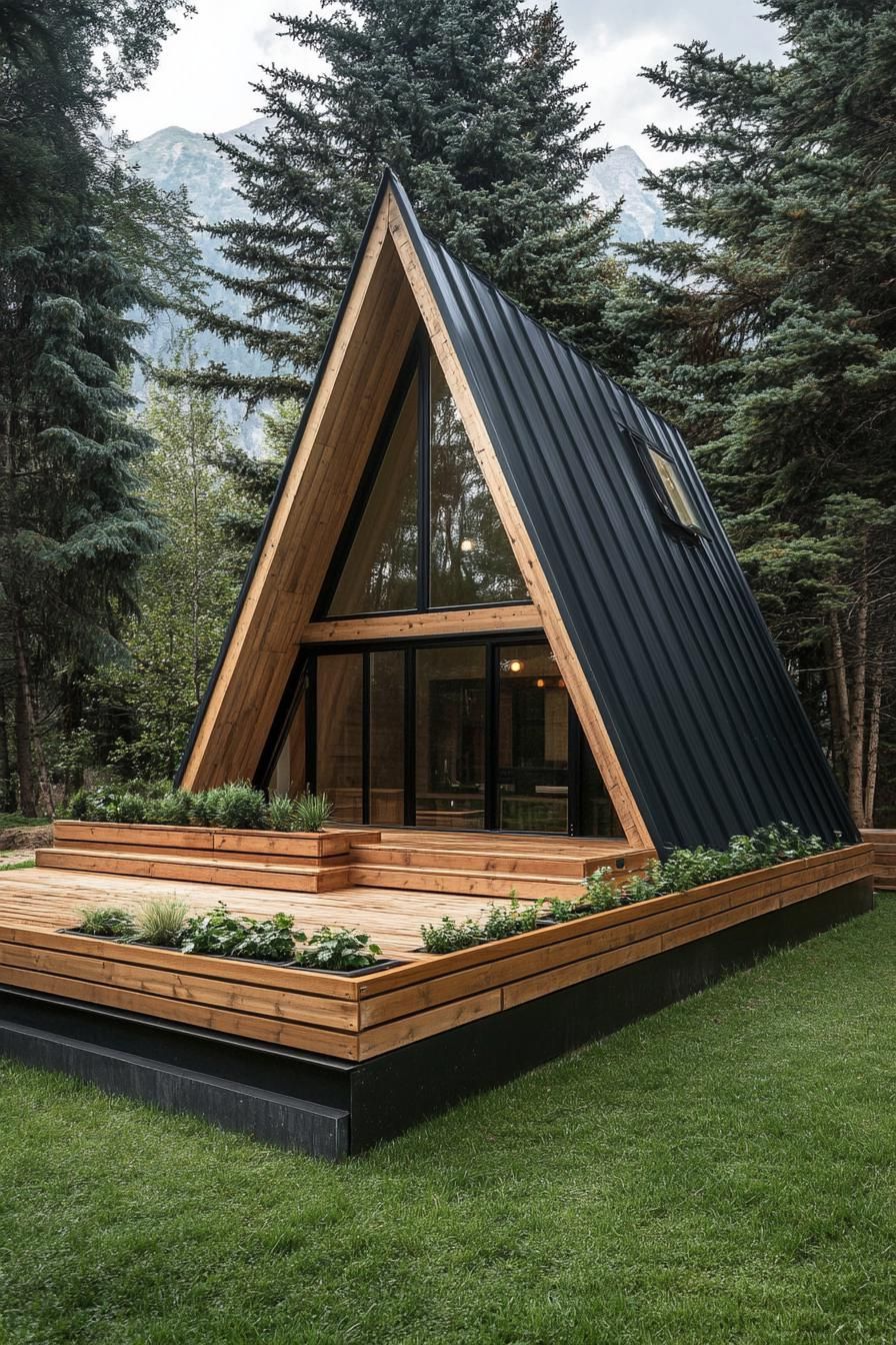 high angle view of a modern tiny prefab a frame cabin natural wood siding black roof tiny raised wooden deck with wooden planter boxes grass 2