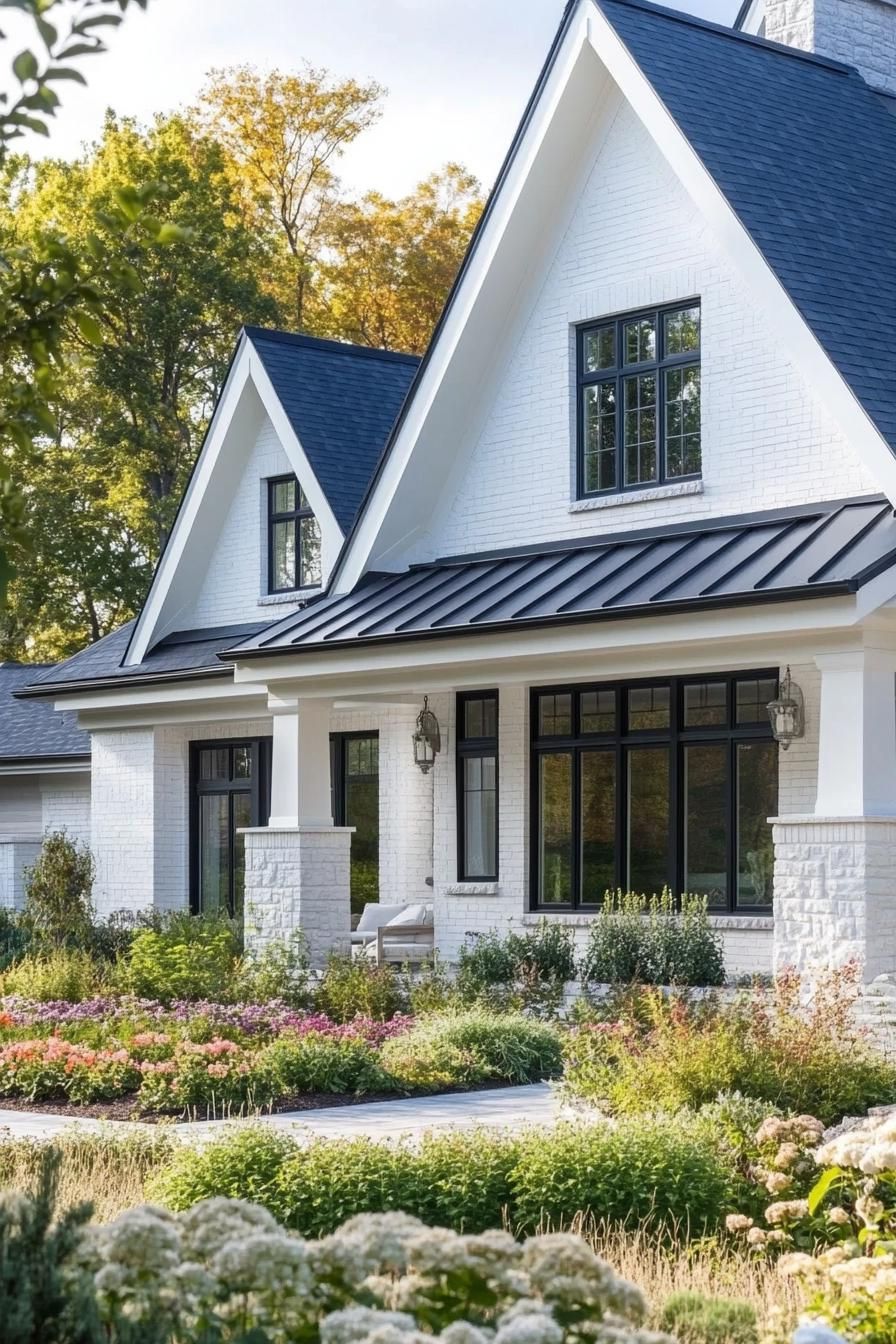 modern cottage with white brick siding multi pitched roof molding trim stone chimney modern white windows with moldings large porch with white