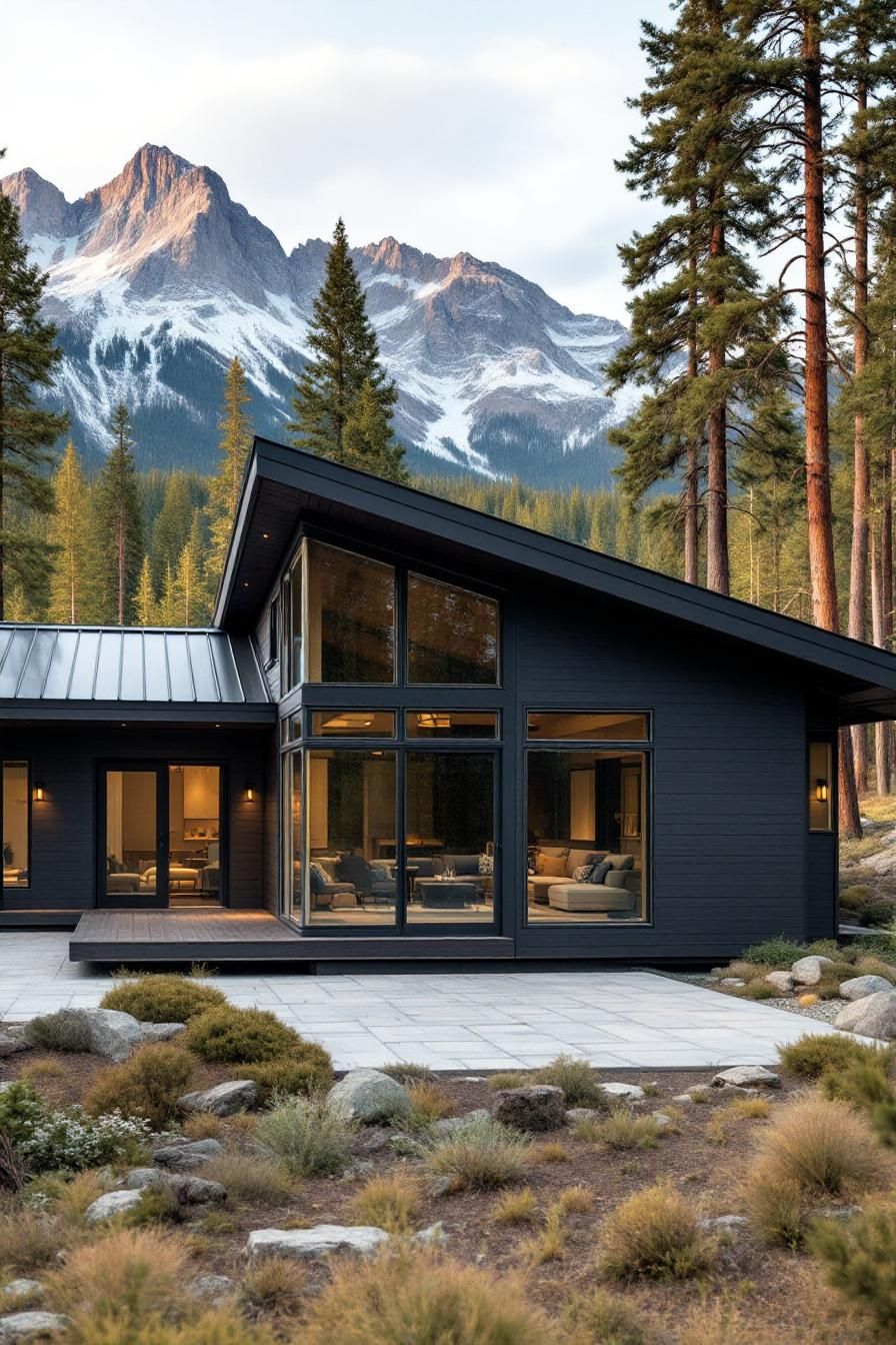 Modern cabin with large windows nestled in forested mountains