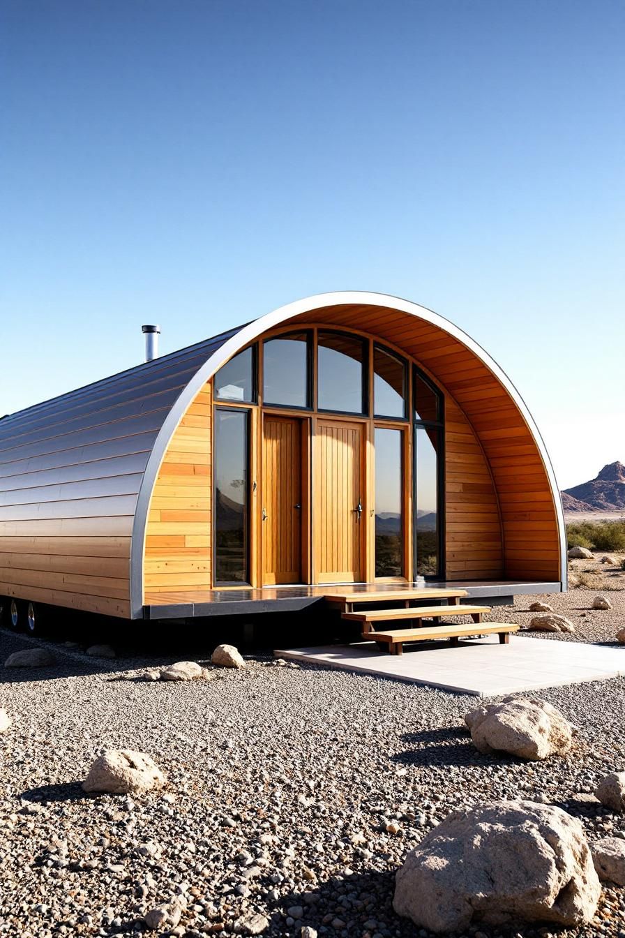 Arched metal structure with wooden accents in a desert landscape