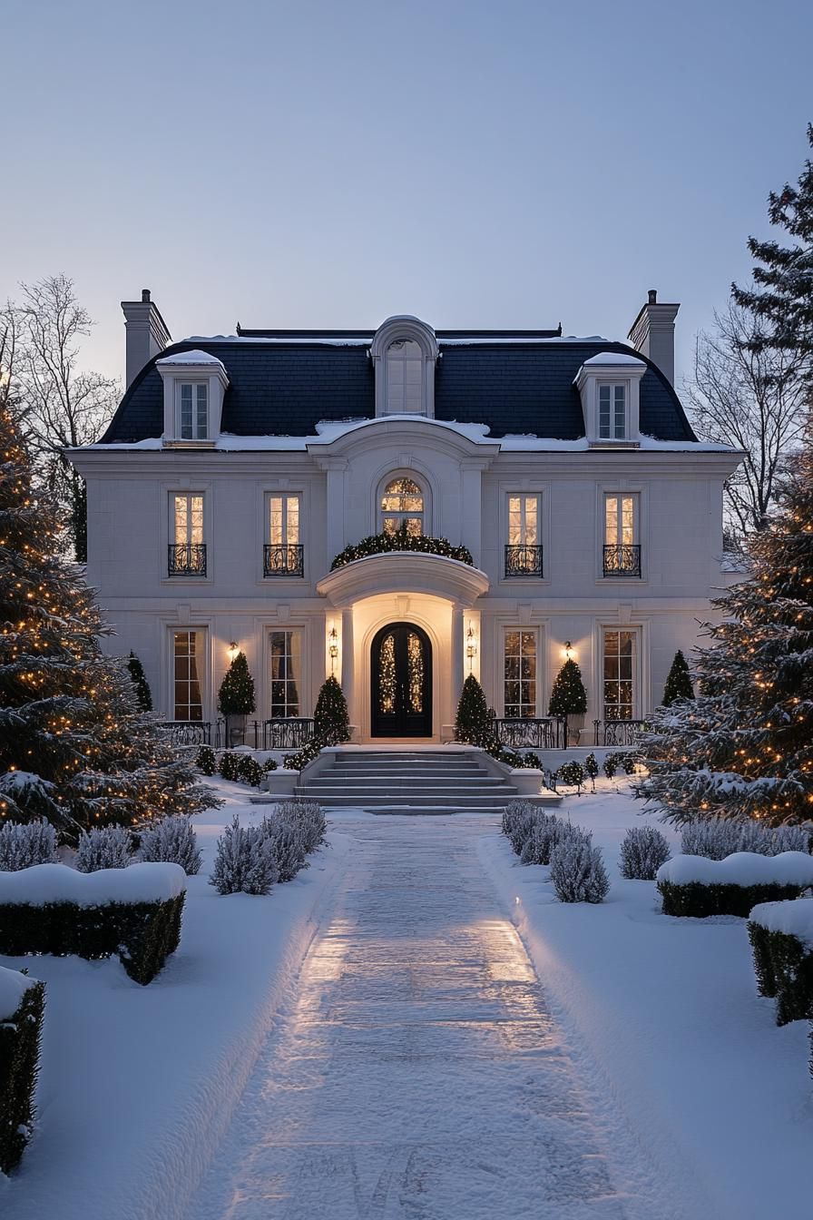 front view of a French mansion in winter white facade with columns and arches black multi pitched roof with dormers large front entrance with