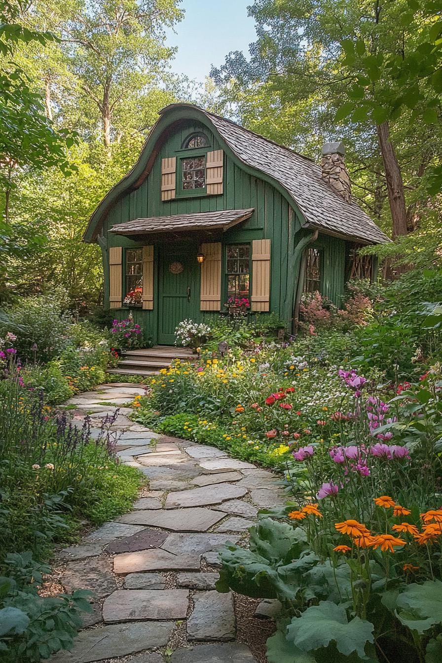 Quaint green cottage nestled in a lush garden