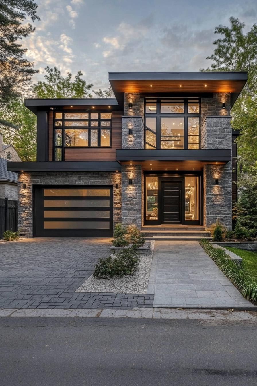 modern villa design with grey granite siding eaves with wooden siding and LED trim tall glass atrium at the front tall black front door paved 2