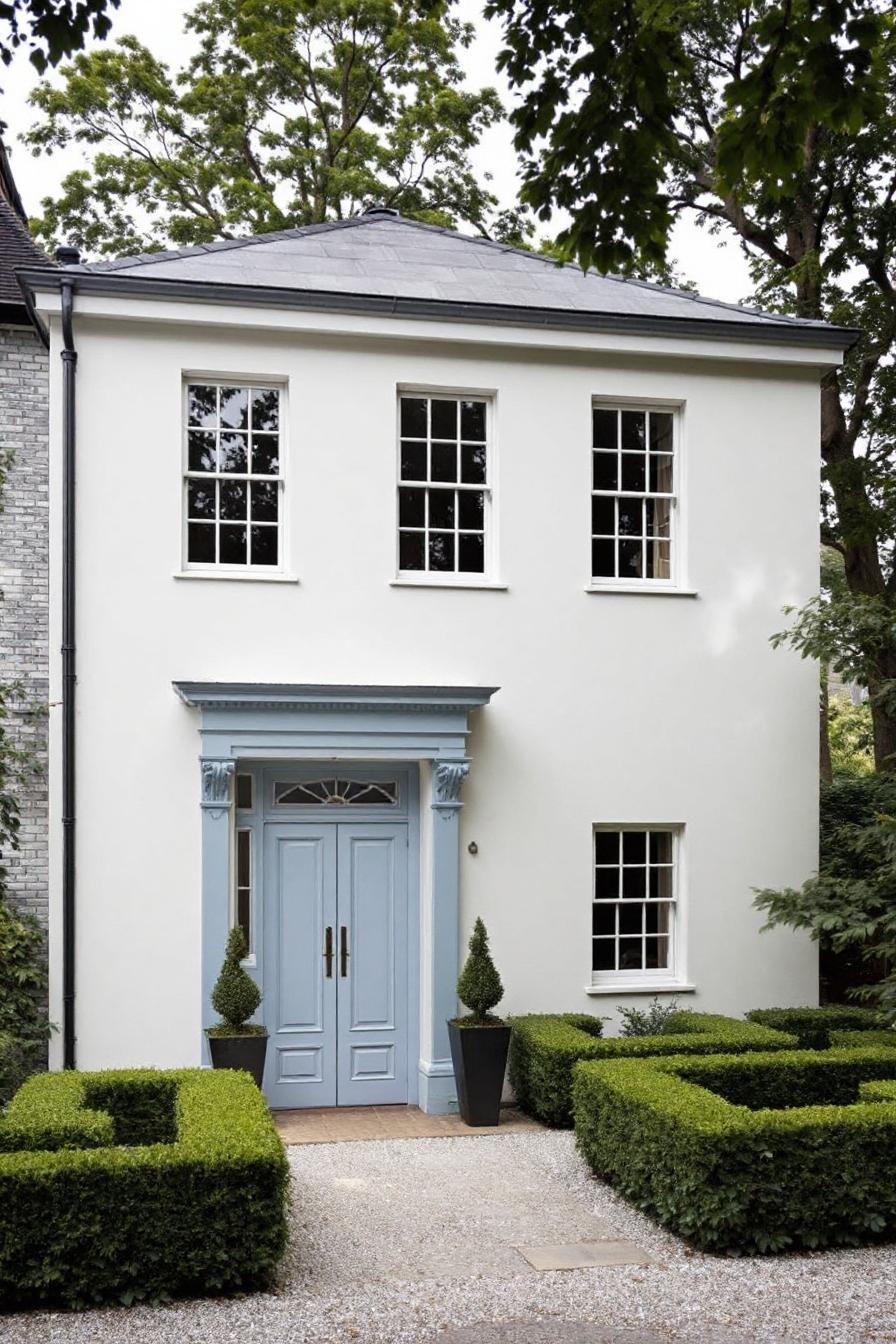 White Georgian house with blue door and manicured hedges