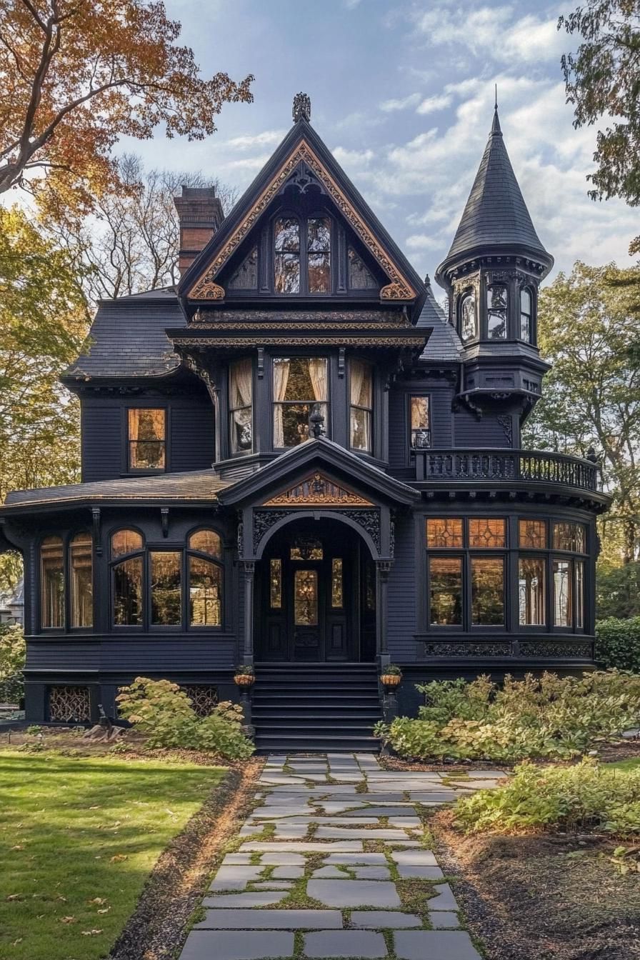 Victorian mansion with a tall turret roof with ornate trim arched windows dark facade large porch geometric landscaping 1