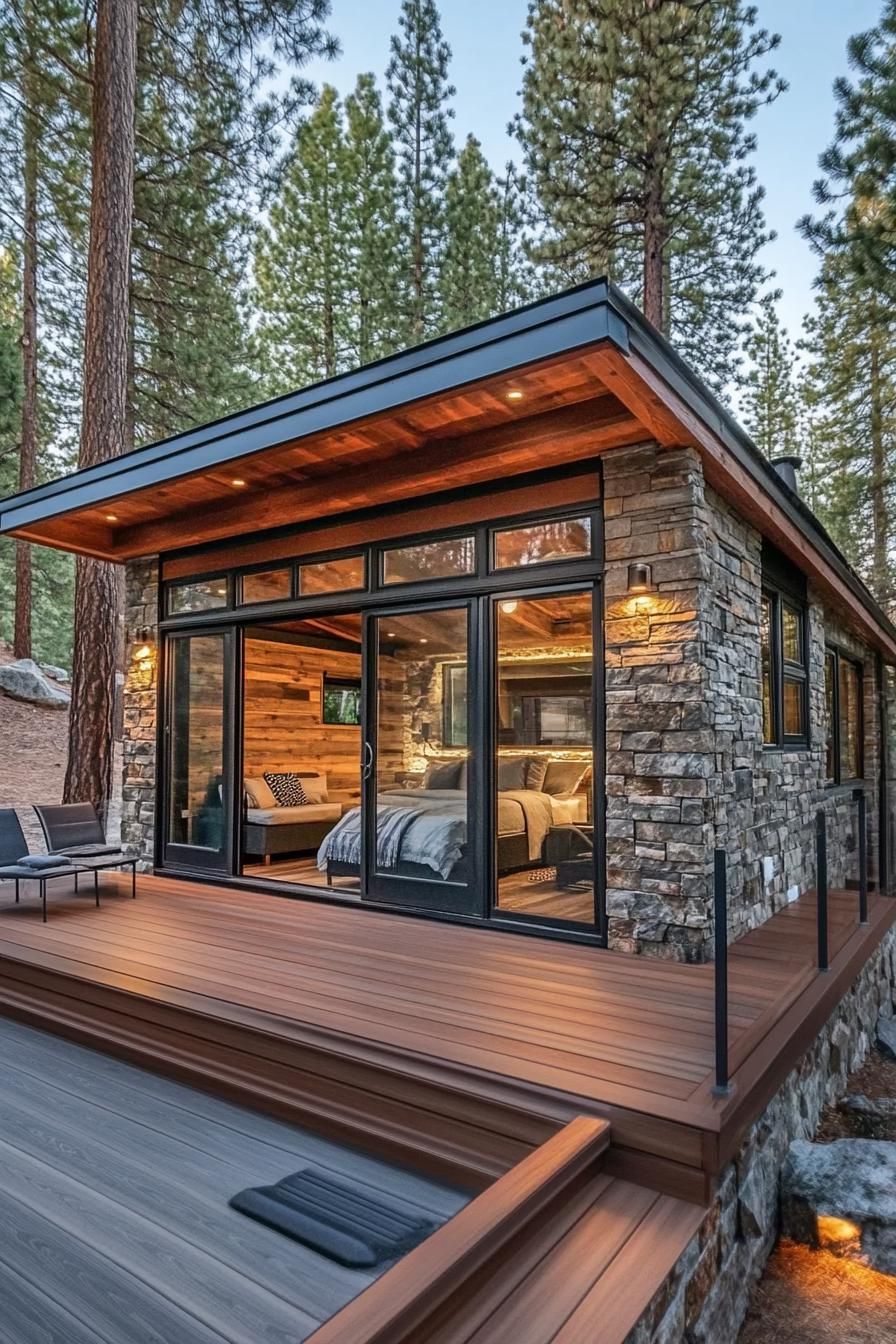 luxury tiny lodge stone siding exposed rustic beams sliding doors outdoor patio connected with indoors front deck with steps tall pines in the 1