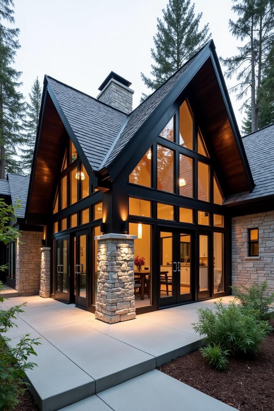 Modern black house with large gables and stone accents