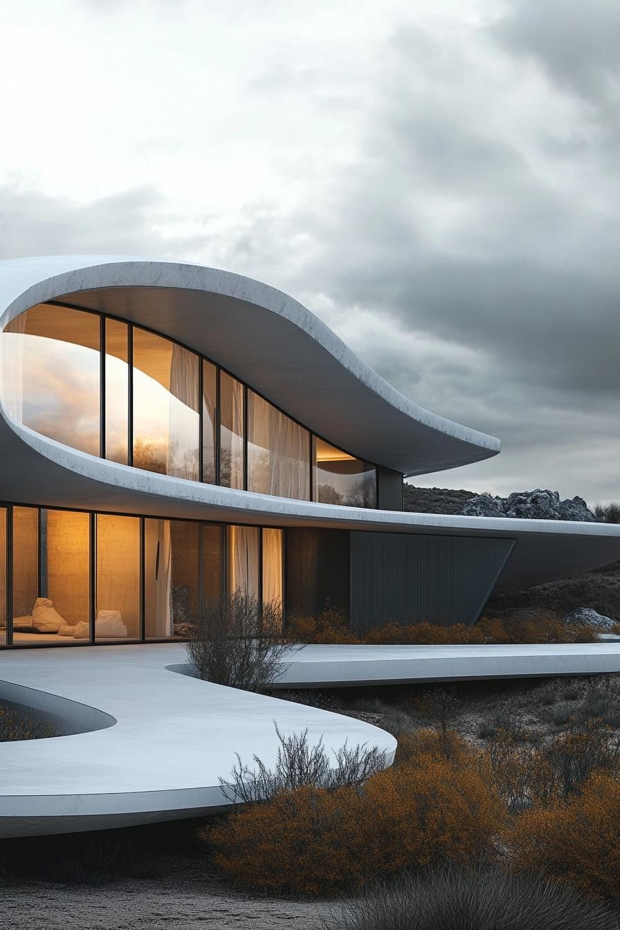 Futuristic house with wavy architecture and large windows