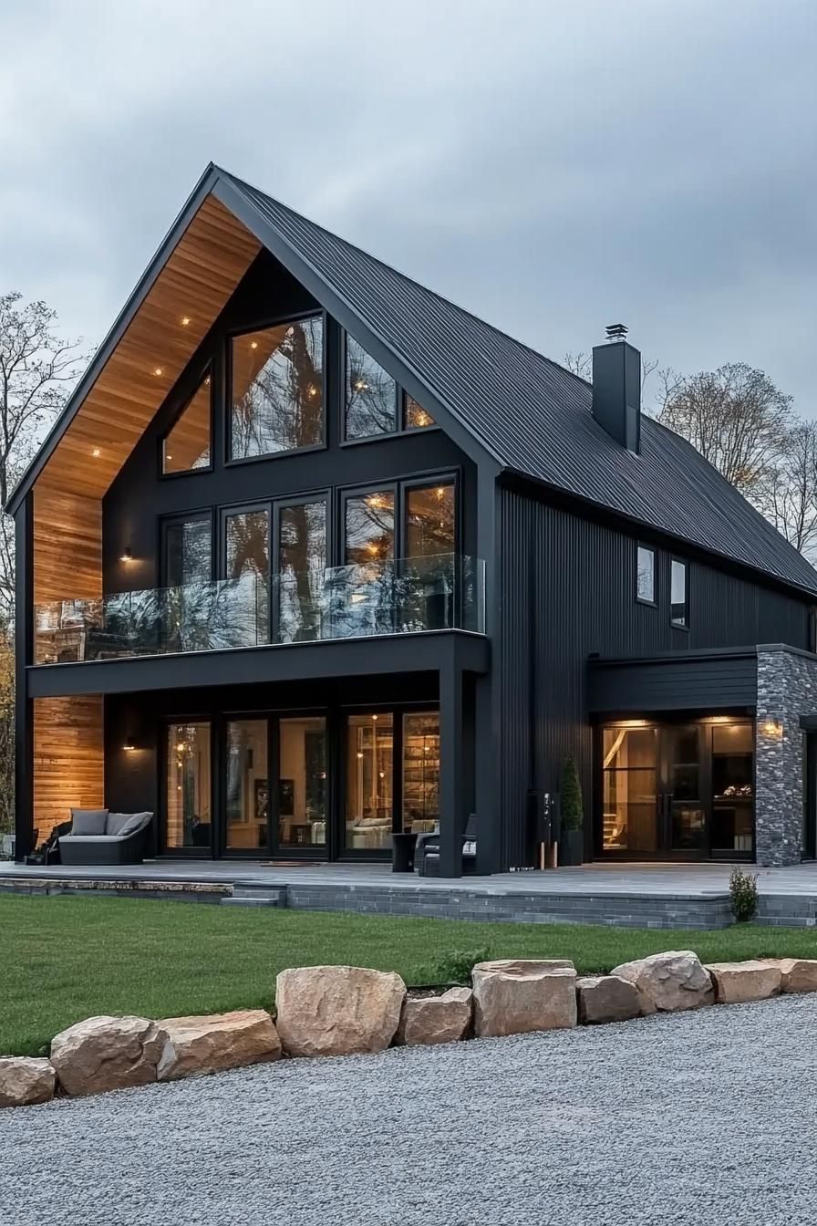 Modern barn house with large windows and sleek black exterior