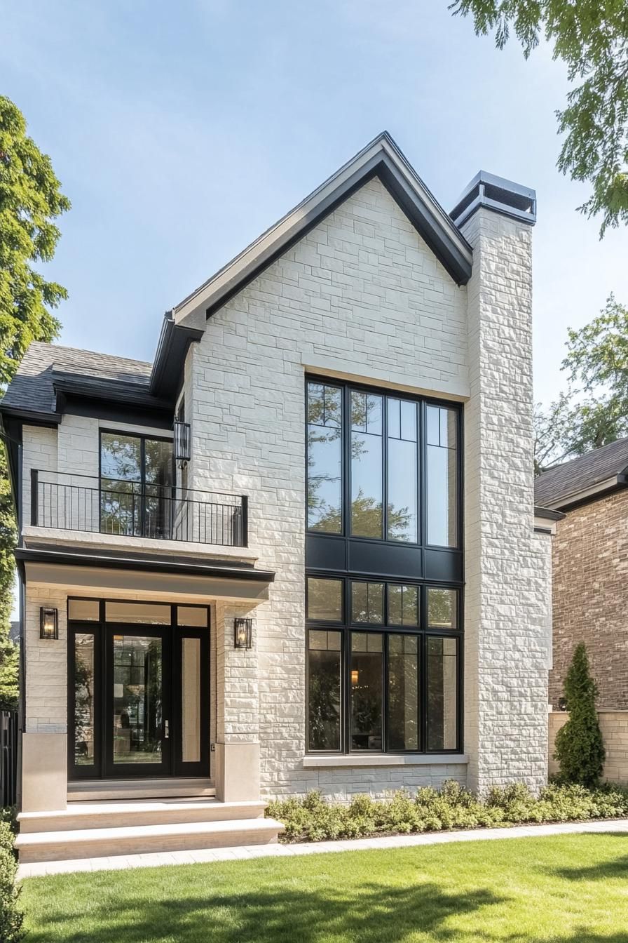 Modern house with large windows and stone façade