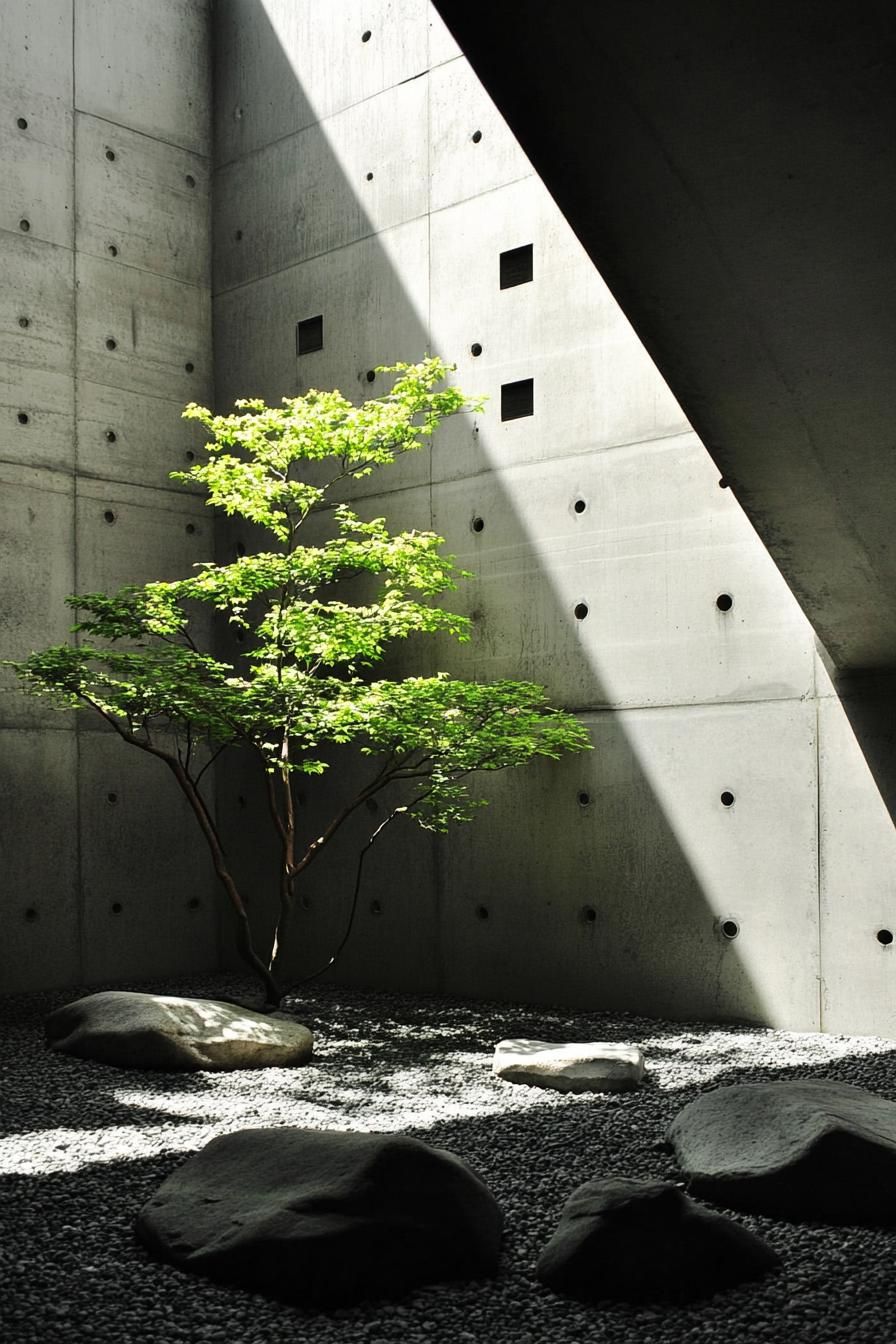 Small tree with sunlight in a concrete courtyard