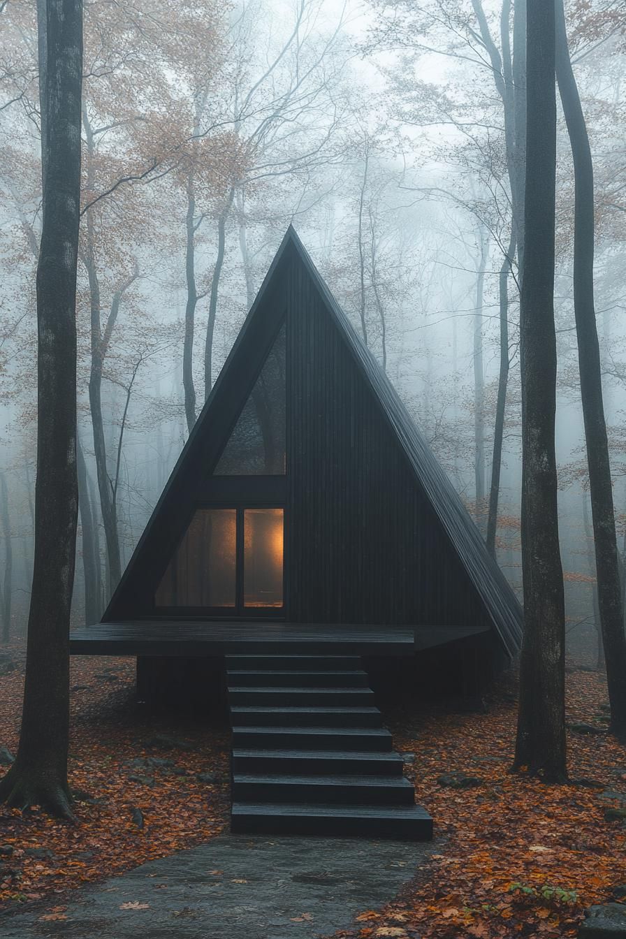 A-frame cabin nestled in a foggy autumn forest