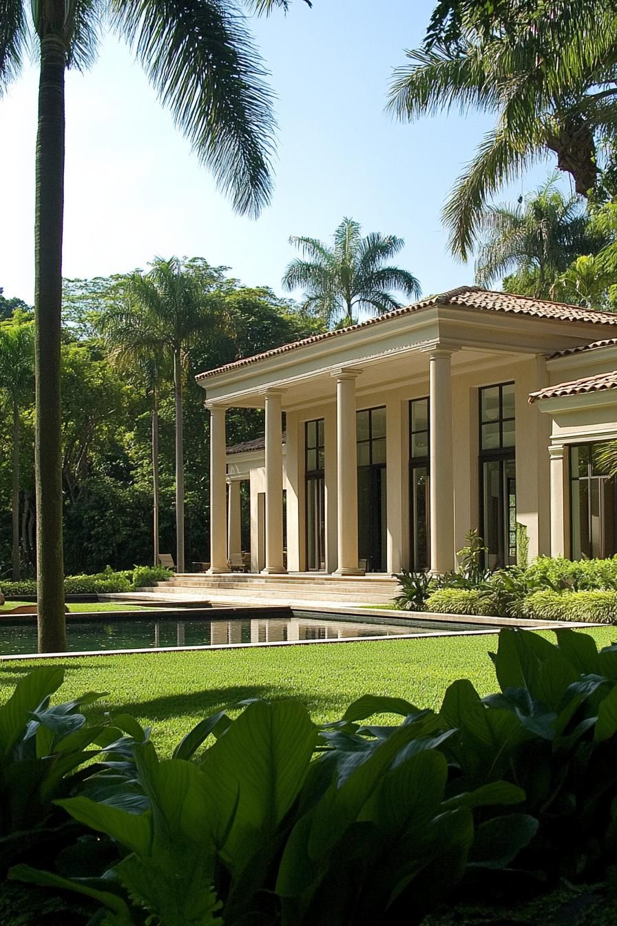 Elegant tropical villa with columns and lush surroundings