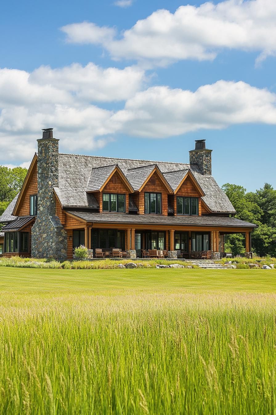 Warm-toned wooden house with stone chimneys