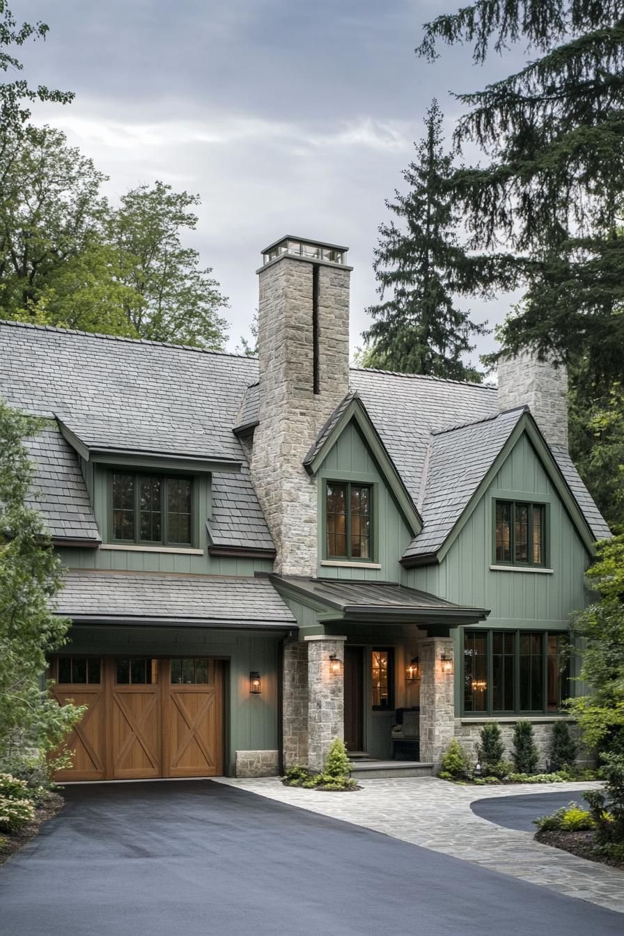 modern european style cottage in pale green painted facade large front chimney gabled multi pitched roof in stone grey tile modern windows front