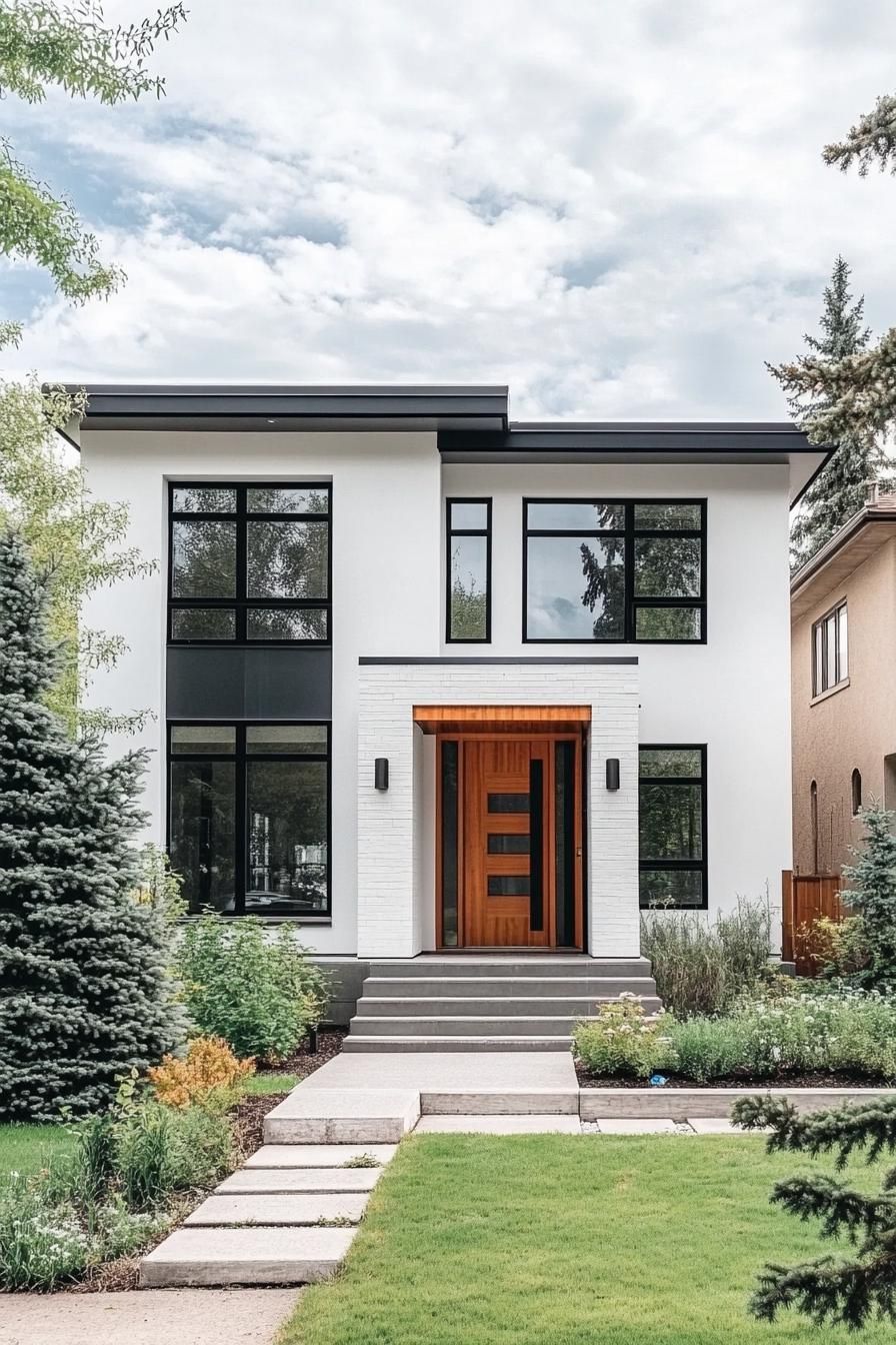 modern blocked white house with dark grey blocks and natural wood doors windows mixed with large and small sizes front yard landscaping with shrubs 2