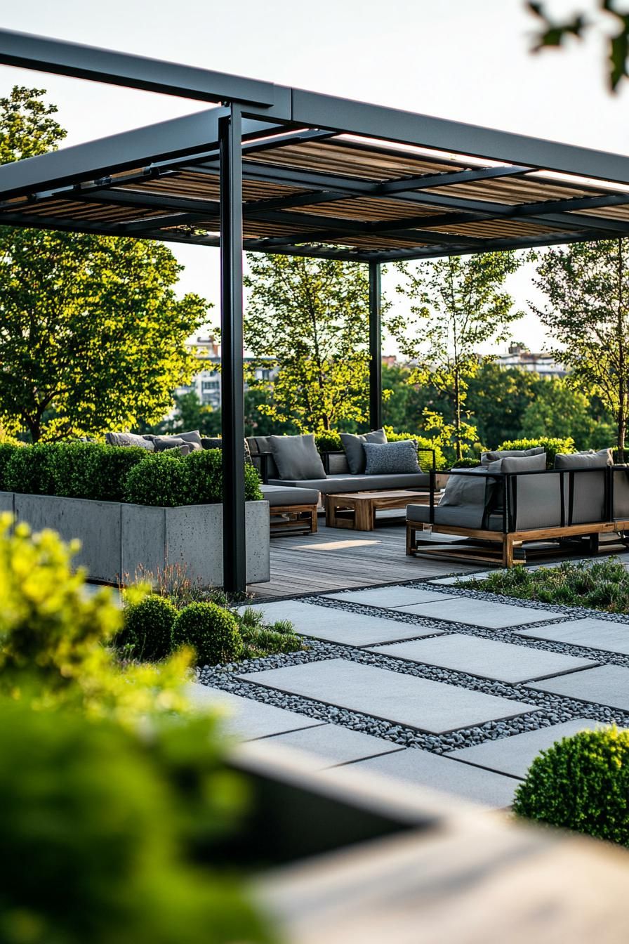 modern rooftop terrace with modular furniture gravel and wooden with concrete paver path planters with geometric shrubs and small trees metal 3