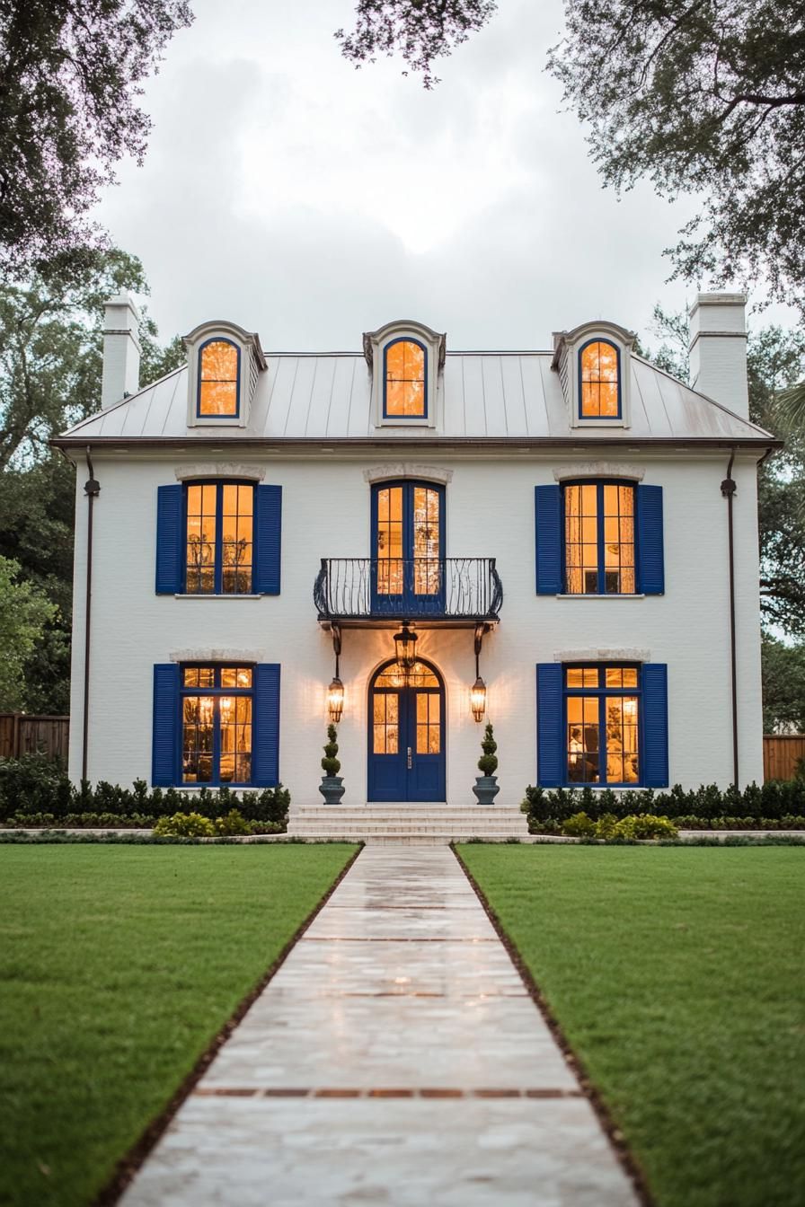 White house with blue shutters and manicured lawn