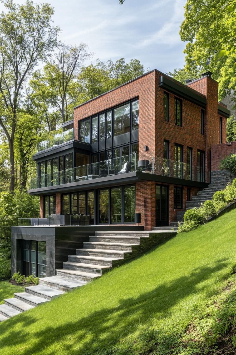 side view of a modern house with brick siding and modern geometric windows built on a 45 degree green slope and plain foot the house has a large 2