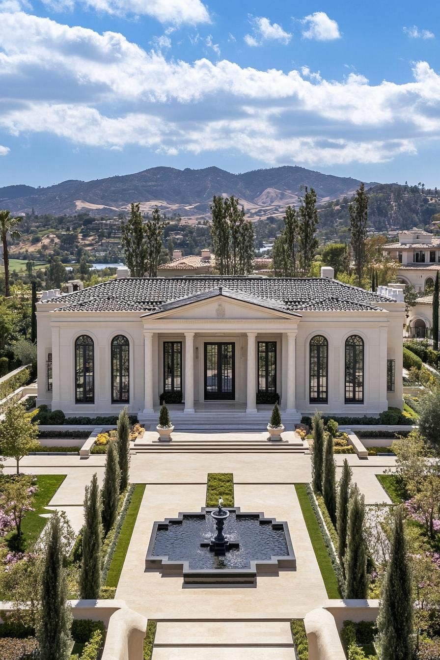 Elegant stone mansion with large windows and a fountain in front