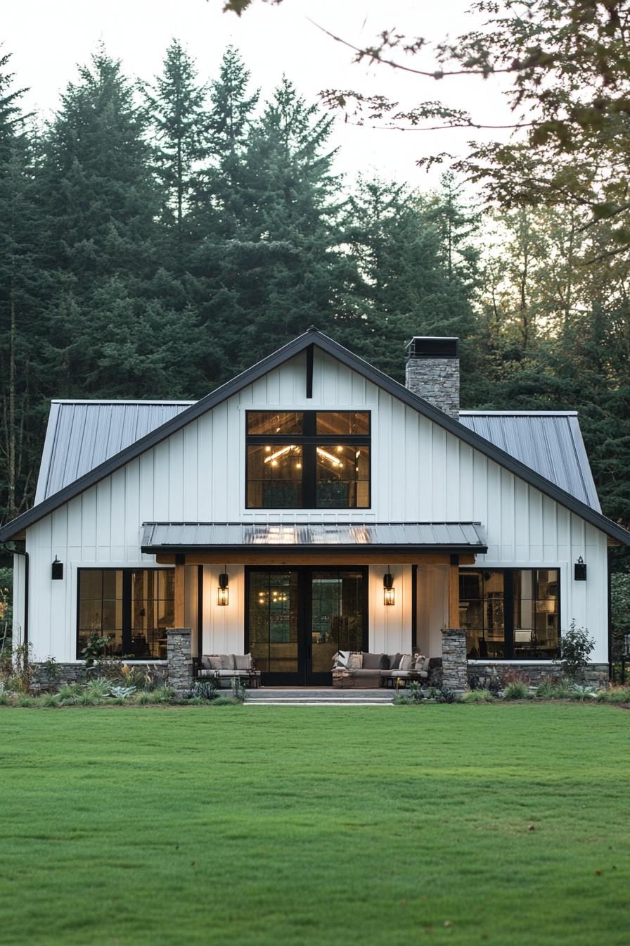 Charming barndominium with rustic details surrounded by trees