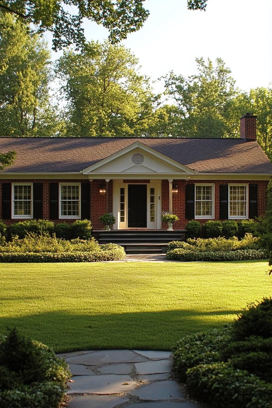 Brick ranch house with lush lawn and tall trees