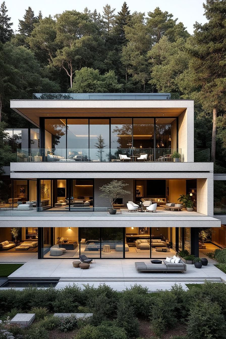 Modern house with glass walls amidst lush trees