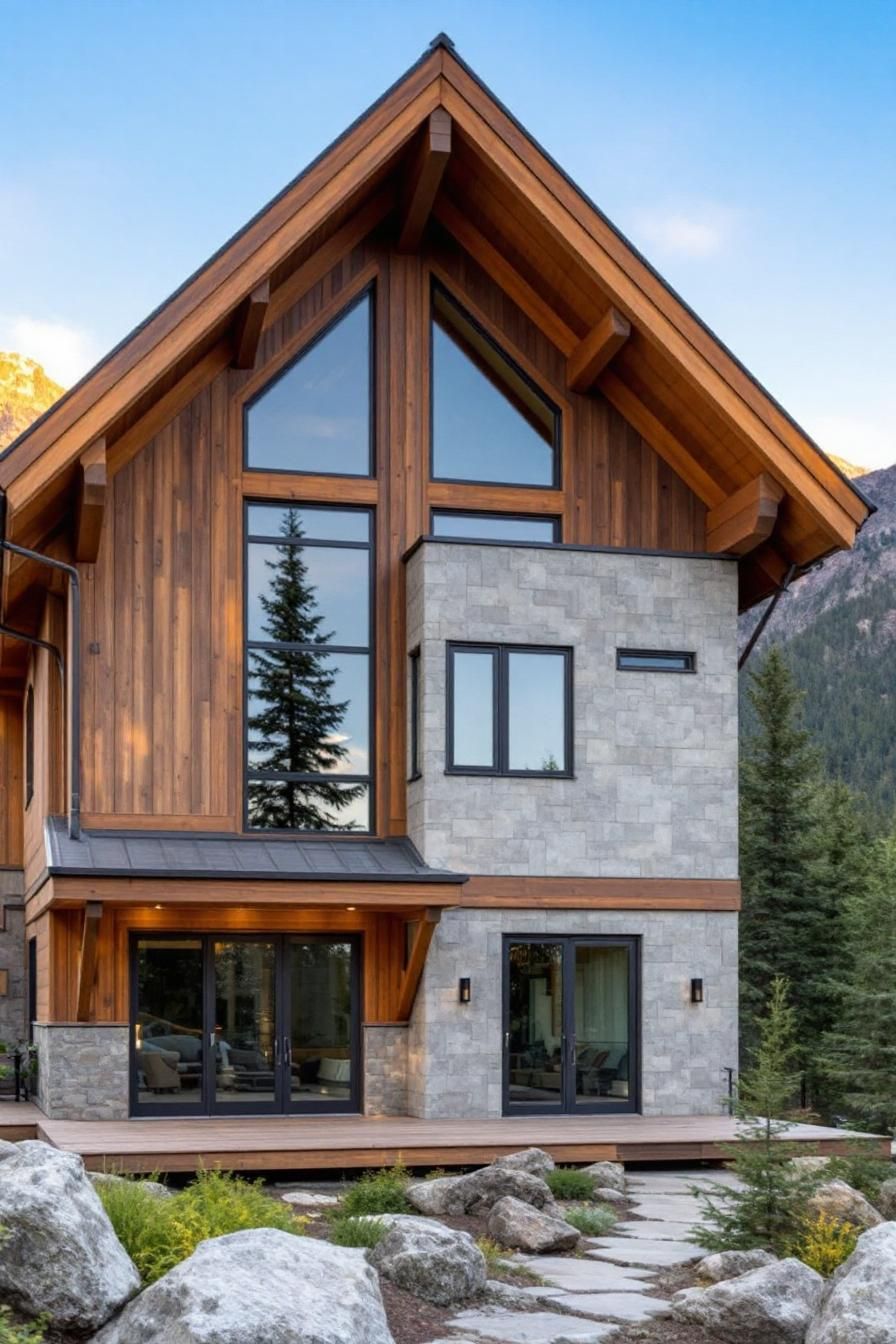 Rustic wood and stone cabin nestled in the mountains