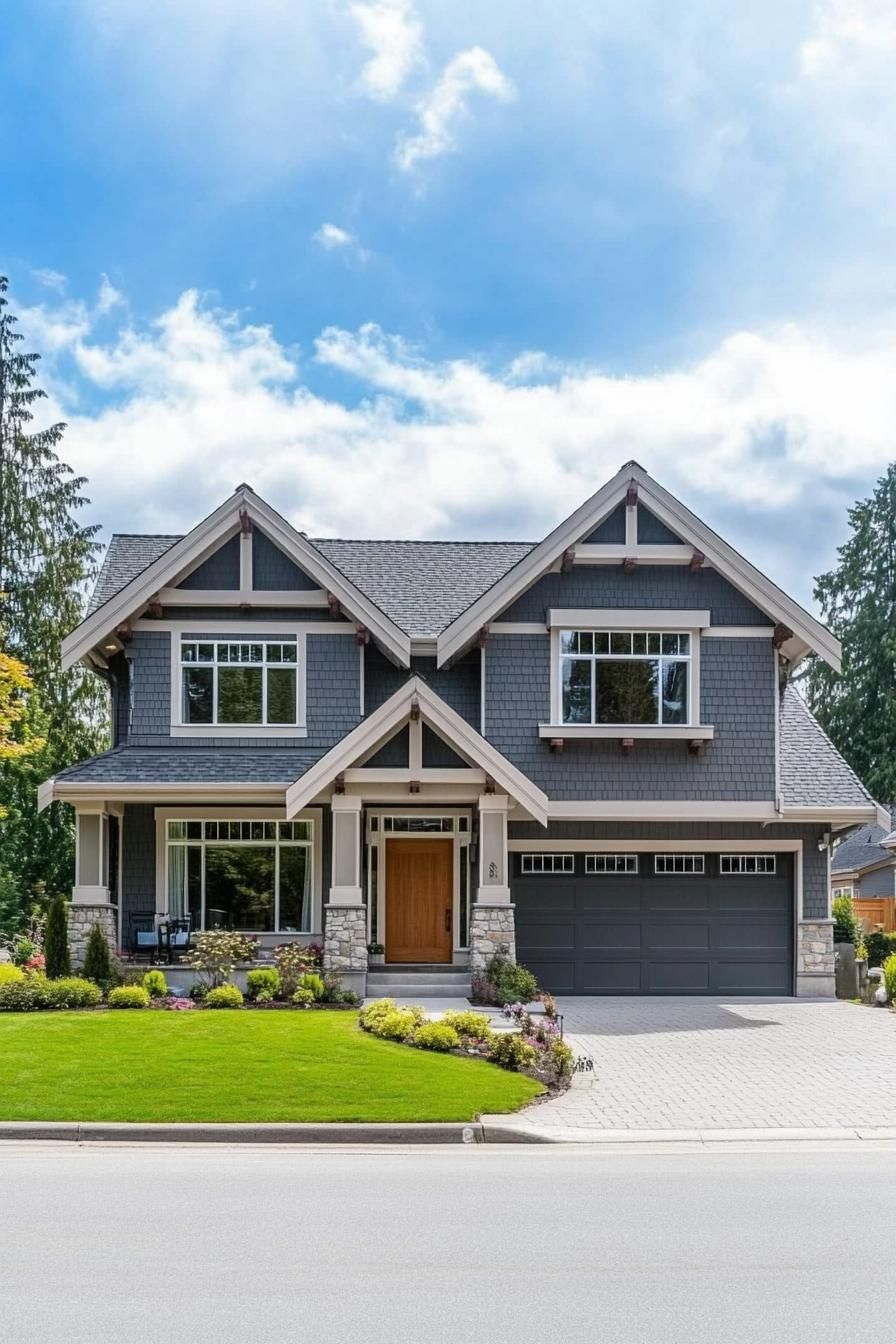 Gray house with gables and a bright wooden door, set against a vibrant lawn