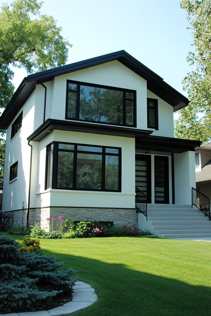 A white house with striking black trim and lush greenery