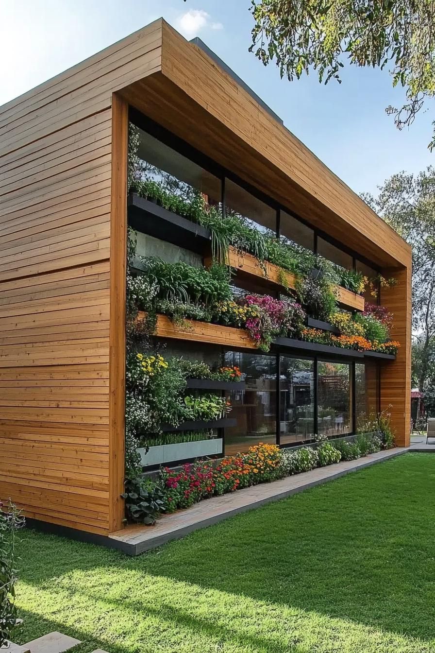 Modern wooden house with vibrant vertical garden