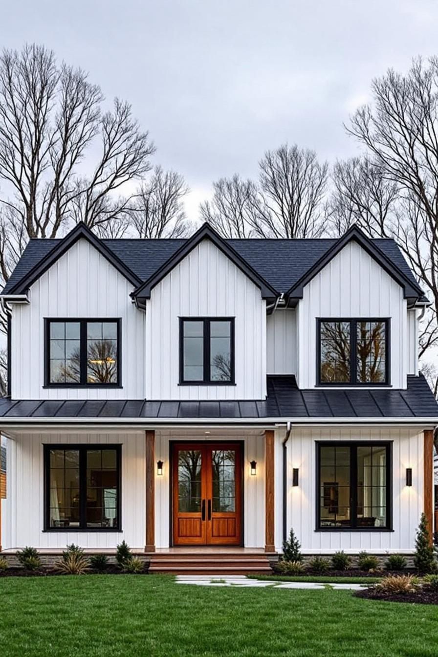 White house with black trim and wooden accents